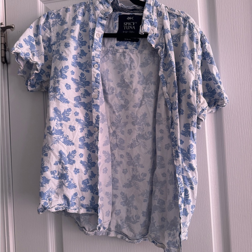 Spicy Tuna Blue Floral Men's Casual Button Down Shirt
